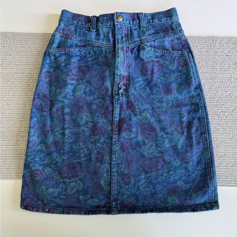 Vintage 80s New Breed Blue Purple Floral Print Denim Pencil Mini Skirt Size 9/10